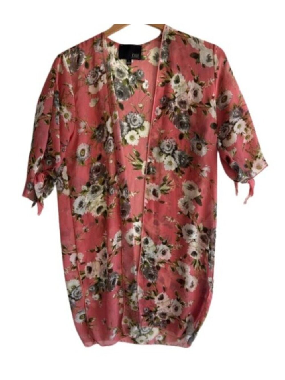 kimono Sheer cardigan tie sleeve open front vacation coral floral Resort size L
